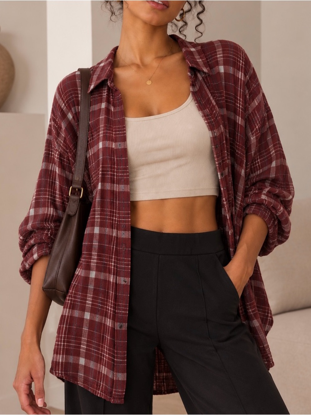 Women’s Burgundy Plaid Button-Up Shirt - Casual Layering Top